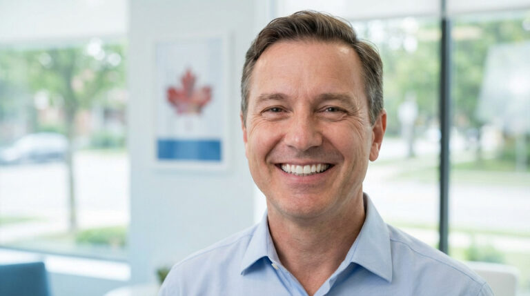 Portrait d'un homme d'âge moyen souriant, montrant des dents saines. En arrière-plan, une feuille d'érable canadienne floue.