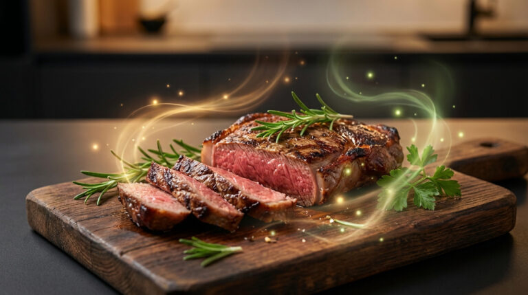 Steak grillé à point, tranché et garni d'herbes aromatiques, avec des effets lumineux représentant vitalité et vitamines.