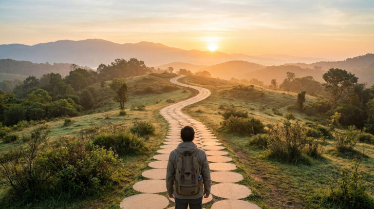 Un homme avec un sac à dos sur un chemin sinueux fait de dalles au lever du soleil, traversant des collines verdoyantes.