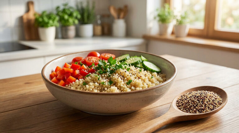 Un bol de quinoa cuit avec poivrons rouges, tomates, concombre et persil sur une table en bois. Une cuillère de graines de quinoa brutes est à côté.