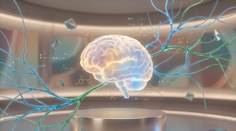 Représentation 3D d'un cerveau humain lumineux entouré de structures neuronales et de formules moléculaires de thiamine.