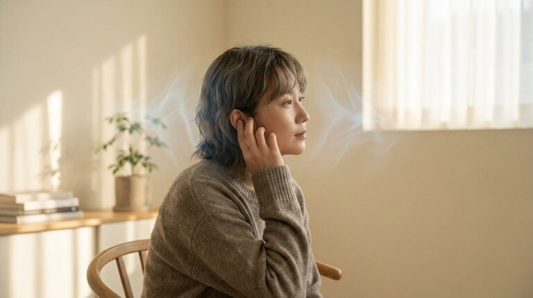 Femme aux cheveux courts, la main sur l'oreille, entourée d'ondes visuelles symbolisant les acouphènes dans une pièce lumineuse.