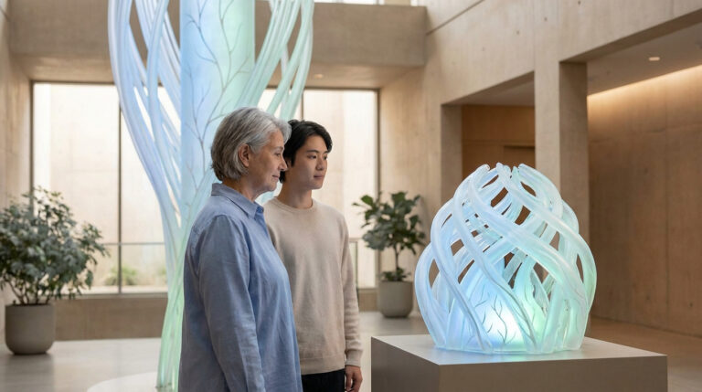 Une femme âgée et un jeune homme regardent des sculptures lumineuses bleues et vertes. L'art abstrait évoque la génétique.