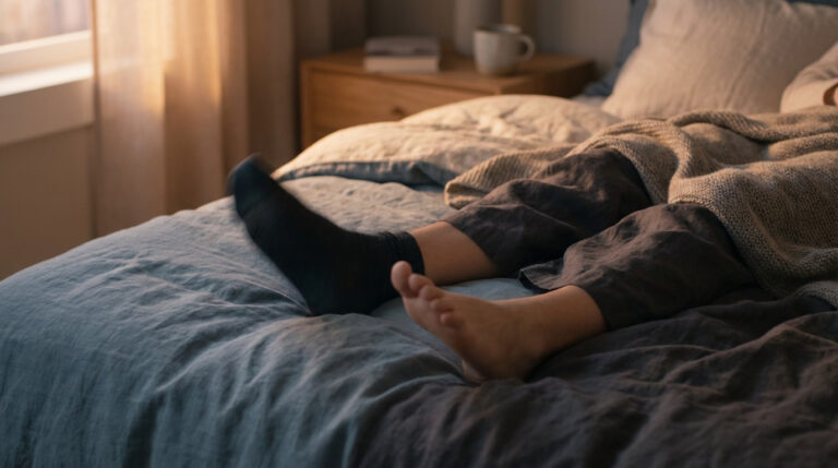Gros plan sur les jambes d'une personne allongée sur un lit, une chaussette noire sur un pied, l'autre pied nu. Lumière douce du matin.