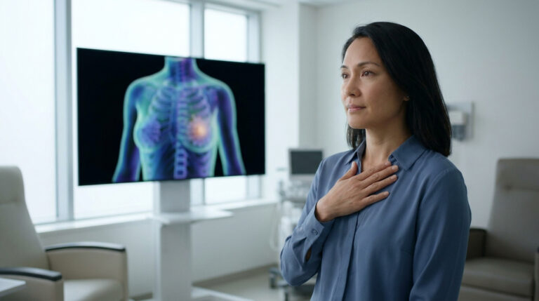 Femme attentive, main sur la poitrine, face à un écran montrant une imagerie médicale du thorax avec lésion au sein.