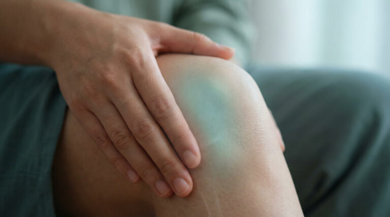 Main d'une personne posée sur son genou, montrant une zone bleu-vert lumineuse sur la rotule, évoquant une douleur ou une affection articulaire.