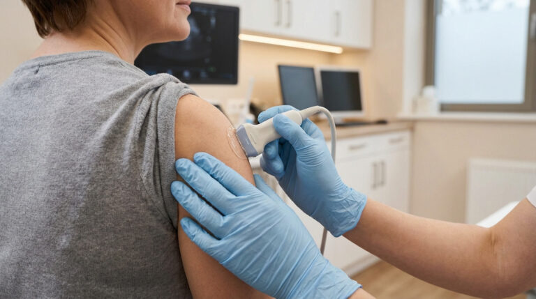 Une main gantée applique une sonde échographique sur l'épaule d'un patient. Un moniteur affiche l'image médicale en fond.
