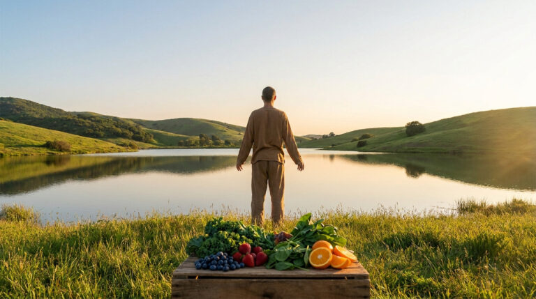 Homme face à un lac paisible avec des collines verdoyantes en arrière-plan. Une caisse de fruits et légumes frais en premier plan.