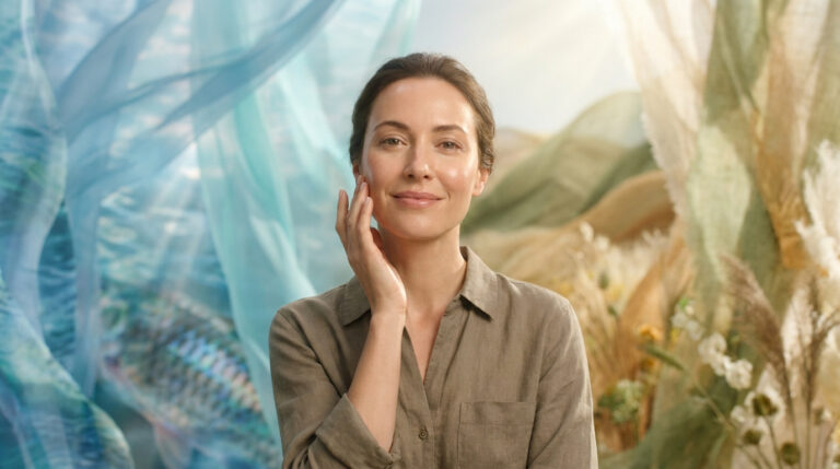 Portrait d'une femme à la peau éclatante, main sur la joue. Fond abstrait bleu marin et tons terreux pour le collagène.