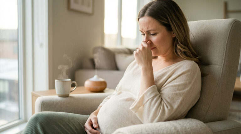 Femme enceinte assise dans un fauteuil, se pinçant le nez, l'air incommodé. Une tasse fumante et un diffuseur d'huiles à côté.