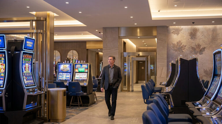 Un homme traverse une allée dans un casino moderne au Canada, entre des rangées de machines à sous et un mur orné de feuilles d'érable.