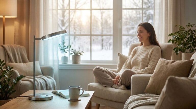 Une femme souriante dans un salon confortable, utilisant une lampe de luminothérapie face à une fenêtre donnant sur un paysage enneigé.