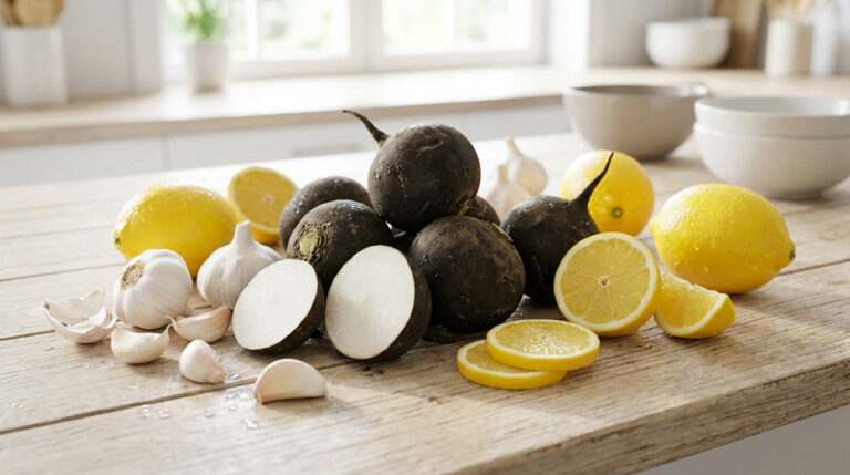 Gros plan sur des radis noirs, citrons frais entiers et coupés, et têtes d'ail sur une table en bois clair dans une cuisine.