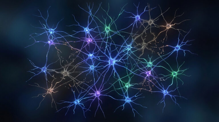 Illustration numérique d'un réseau de neurones lumineux et interconnectés en diverses couleurs (bleu, vert, violet) sur fond sombre.