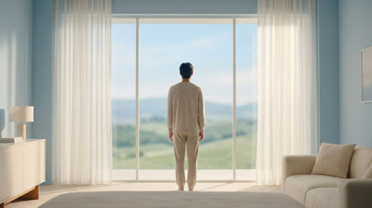 Un homme de dos, en tenue décontractée, se tient devant une grande fenêtre offrant une vue panoramique sur un paysage verdoyant.