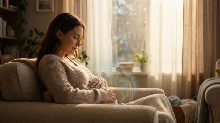 Une femme enceinte sereine tient son ventre, assise sur un canapé ensoleillé. Des volutes bleues et dorées flottent près de son ventre.