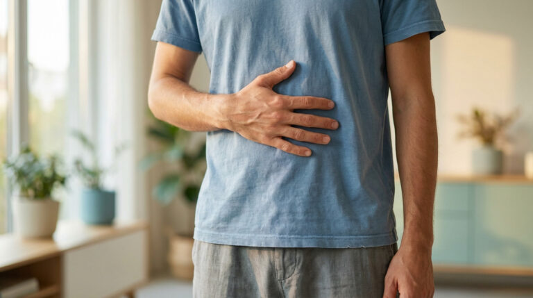 Gros plan sur un homme en t-shirt bleu tenant son ventre avec sa main, suggérant une douleur à l'estomac.