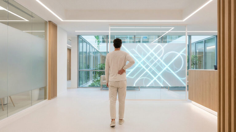 Une personne de dos, main sur le bas du dos, dans un couloir de clinique moderne avec vitres et motifs lumineux.