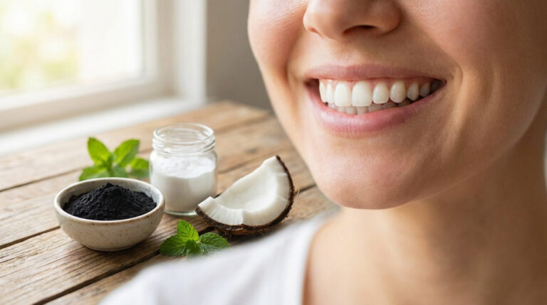 Personne souriante aux dents blanches, avec du charbon actif, du bicarbonate et de la noix de coco sur une table en bois.