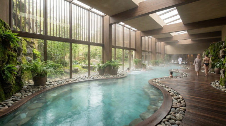Vue intérieure d'un spa thermal moderne avec grande piscine sinueuse, plancher en bois, plantes luxuriantes et fenêtres donnant sur la nature.