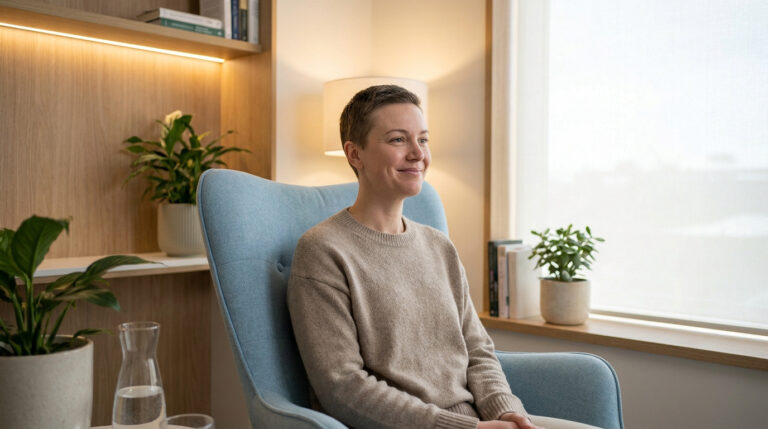 Femme souriante et sereine aux cheveux courts assise dans un fauteuil bleu clair, dans un espace lumineux avec plantes et boiseries.