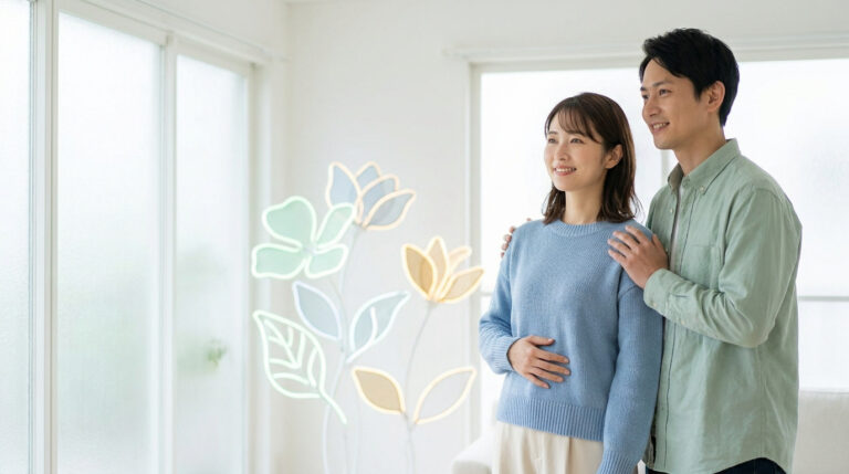 Un jeune couple asiatique souriant et uni, la femme touche son ventre, avec des fleurs lumineuses en arrière-plan.