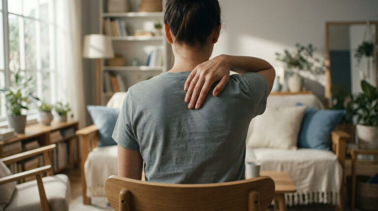 Vue de dos d'une femme en t-shirt gris, la main sur son épaule douloureuse, assise dans un salon lumineux et apaisant.