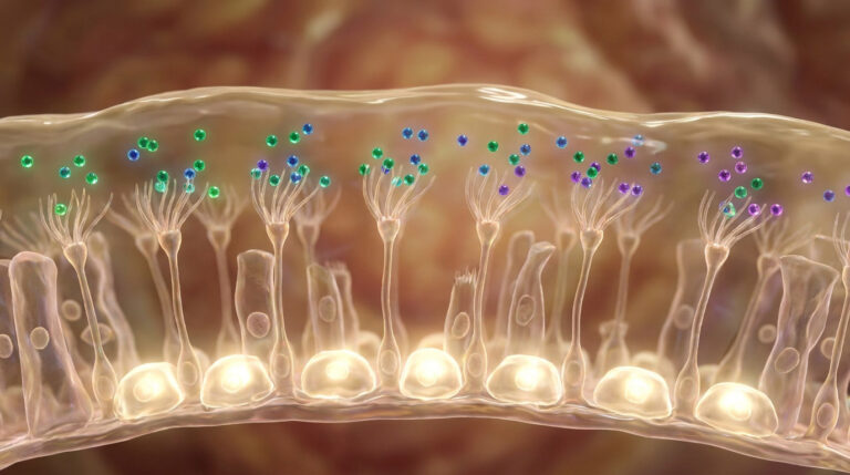 Illustration 3D du mécanisme de l'olfaction montrant des molécules odorantes (sphères colorées) se liant aux récepteurs des neurones olfactifs.