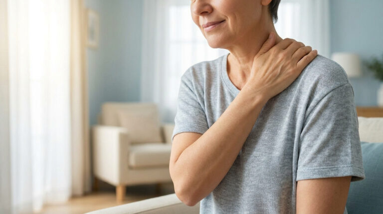 Femme d'âge moyen, vêtue d'un t-shirt gris, touchant son épaule et sa nuque, exprimant un léger malaise ou un soulagement. Intérieur lumineux.