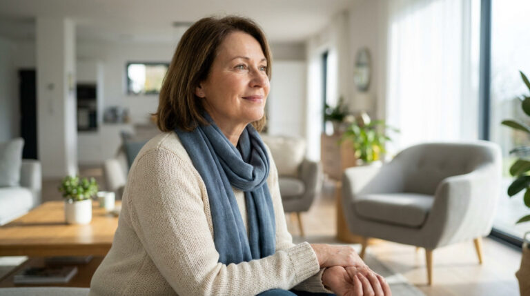 Portrait d'une femme d'âge mûr souriante, regardant au loin dans un salon lumineux. Elle incarne la réflexion sur la grossesse tardive.