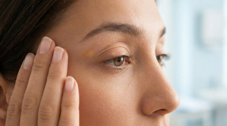 Gros plan sur l'œil d'une femme avec une tache jaune sur la paupière supérieure. Un xanthélasma est visible, main sur la tempe.