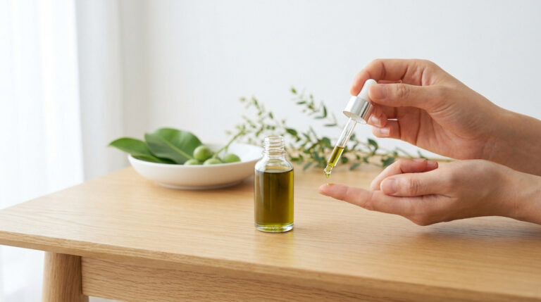 Goutte d'huile de tamanu verte appliquée sur un doigt à l'aide d'une pipette, près d'une bouteille et de fruits.