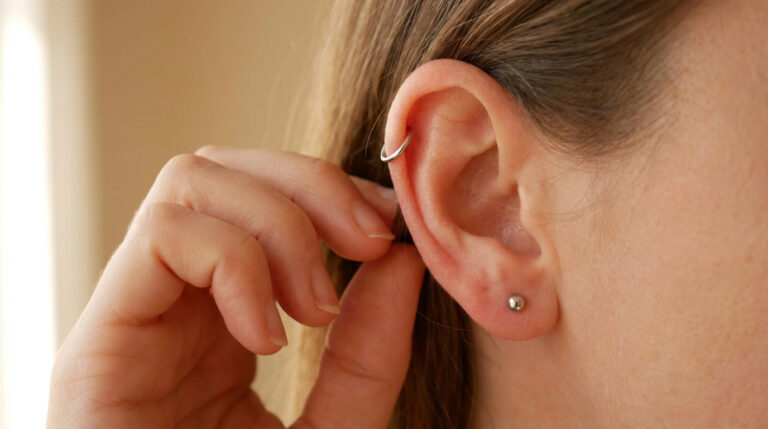 Gros plan d'une oreille avec deux perçages : un clou sur le lobe et un anneau sur l'hélix. Une main ajuste les cheveux.
