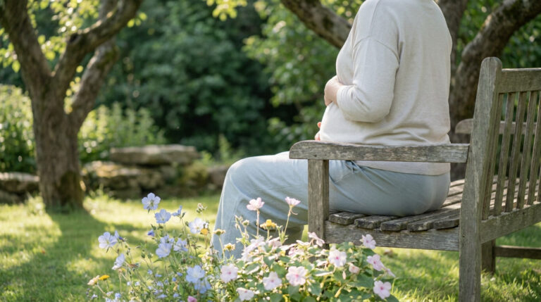 Personne assise sur un banc en bois, mains sur le ventre, dans un jardin fleuri et ensoleillé.