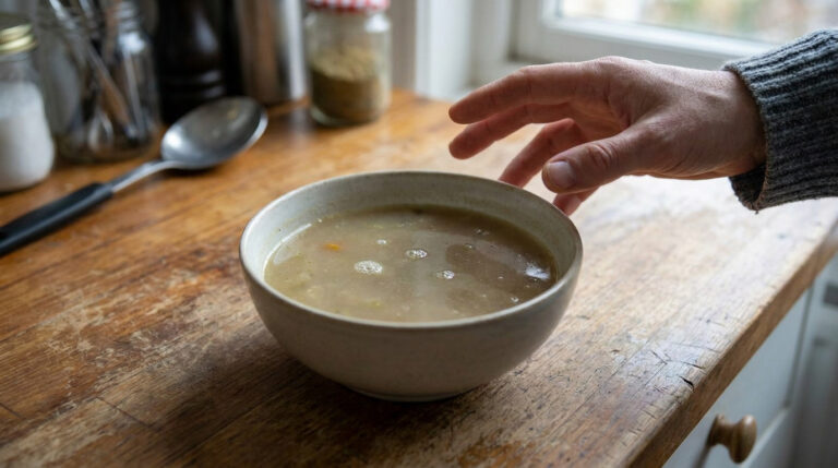Un bol de soupe claire avec des bulles en surface sur un comptoir en bois, une main s'en approche. Indice de fraîcheur douteuse.