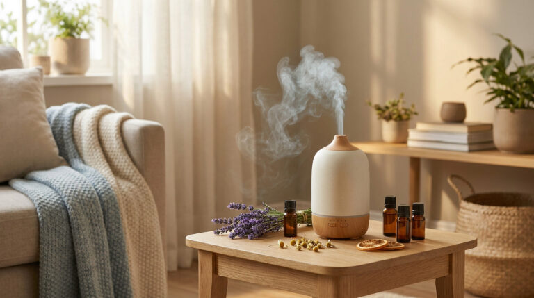 Un diffuseur d’huiles essentielles entouré de lavande et de flacons sur une table dans un salon chaleureux.