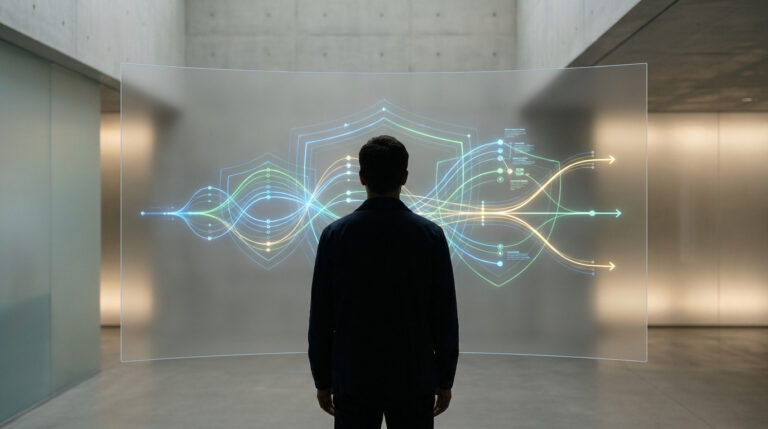 Un homme regarde un écran holographique affichant des données complexes sous forme de lignes courbes et de boucliers.