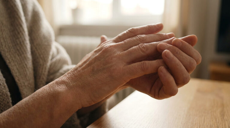 Mains d'une personne âgée se frottant doucement les doigts pour soulager une douleur ou une raideur.