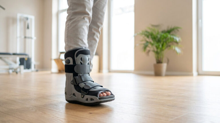 Une personne portant une botte orthopédique de marche après une entorse, dans un cabinet médical ou de rééducation.
