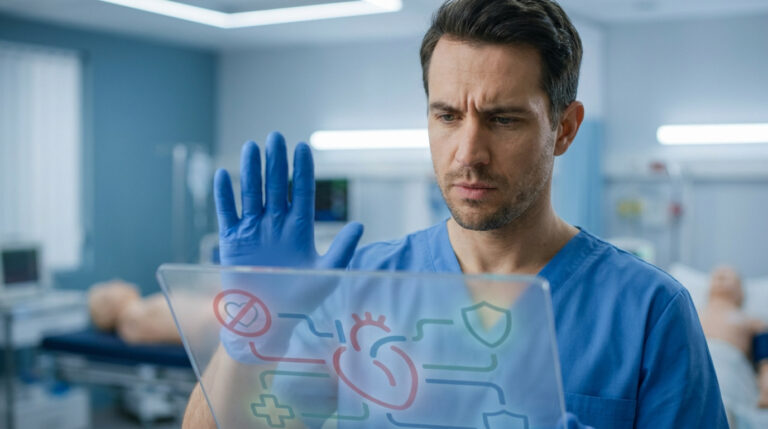 Un médecin analyse des données médicales sur un écran holographique dans une salle de soins équipée.
