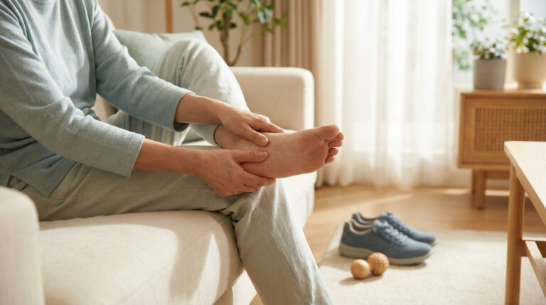 Une personne assise sur un canapé masse son pied douloureux.