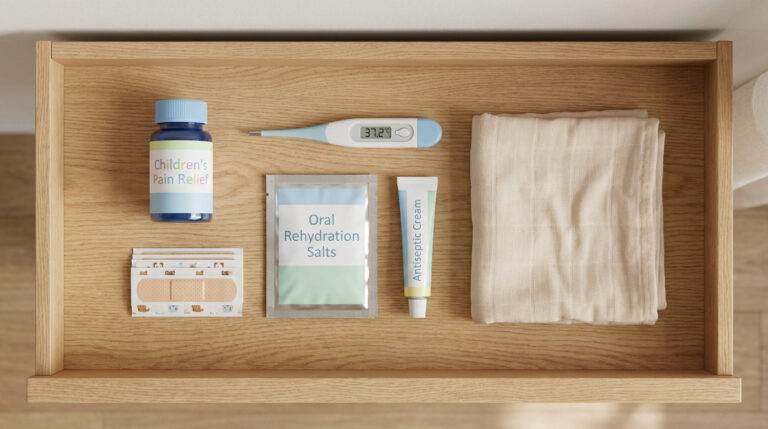 Une trousse à pharmacie pour enfant avec médicaments, thermomètre et pansements rangés sur une étagère en bois.