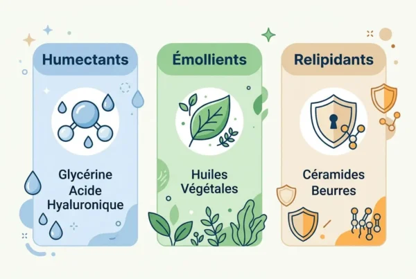 Illustration pédagogique sur les soins de peau atopique: émollients à base d’huiles végétales, humidifiants (glycérine, acide hyaluronique) et barrières barrière (céramides, beurres) pour peau atopique eczéma soins.