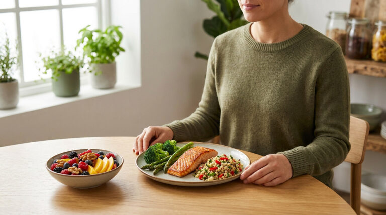 Une personne assise à table devant un repas équilibré composé de saumon, de légumes et d'un bol de fruits frais.