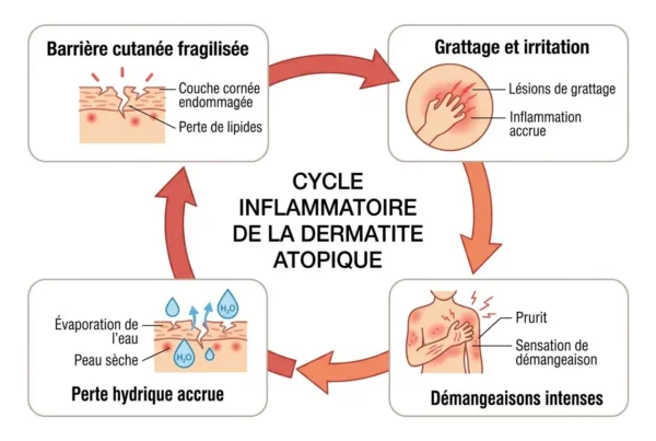 Cycle inflammatoire de la dermite atopique: barrière cutanée fragilisée, grattage, démangeaisons et perte d’humidité, peau sèche. Peau atopique eczéma soins.