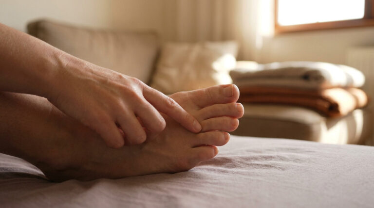 Une personne assise sur un lit masse son pied, pointant la zone entre ses orteils où se situe la douleur.