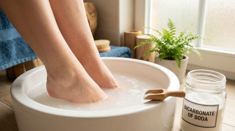 Pieds trempant dans une bassine d'eau avec du bicarbonate de soude à côté.