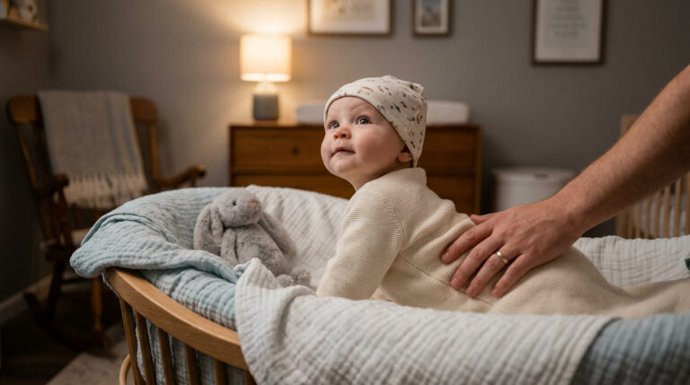 Un bébé porte un bonnet et est allongé sur le ventre dans un berceau, une main d'adulte le rassure sur son dos.