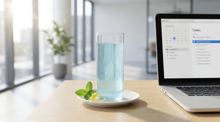 Un verre de boisson pétillante bleue avec une feuille de menthe et un zeste de citron posé sur un bureau près d'un laptop.