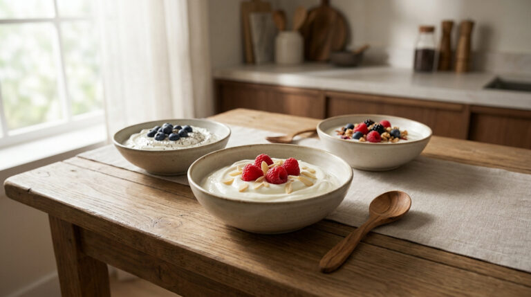 Trois bols de yaourt aux fruits frais et aux graines sur une table en bois dans une cuisine lumineuse.